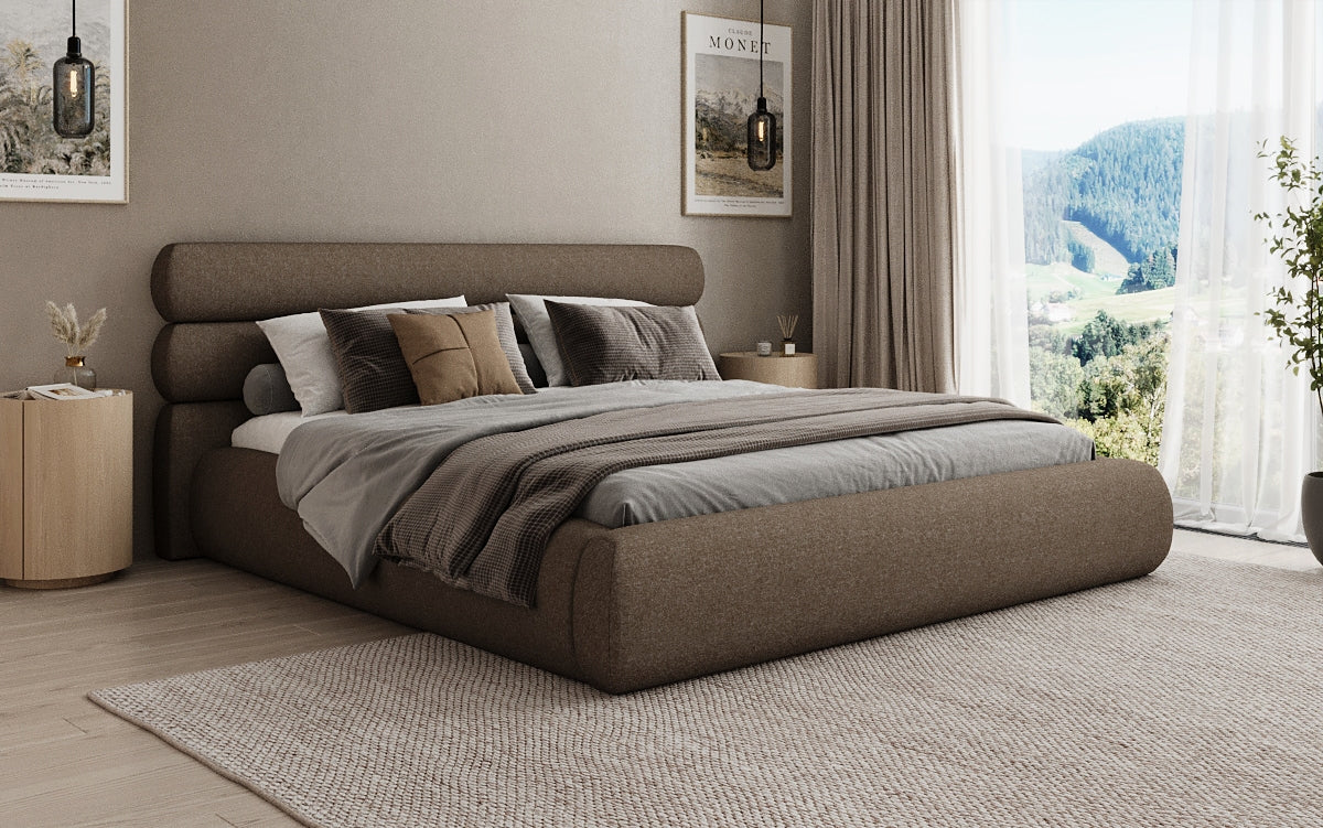 Designer gestoffeerd bed Joline in structuurstof met opbergruimte
