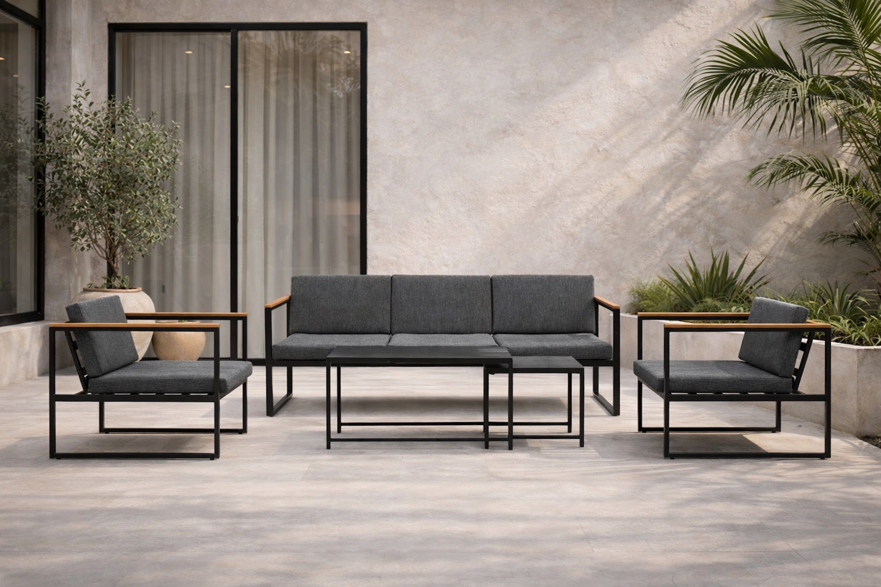 Loungeset Sunrise - van zwart staal incl. glazen tafels