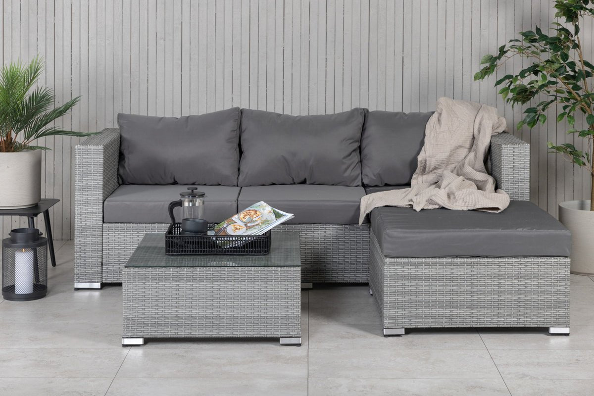 Tuin Loungeset Amelia – Polyrattan bank met tafel & kussens in Grijs