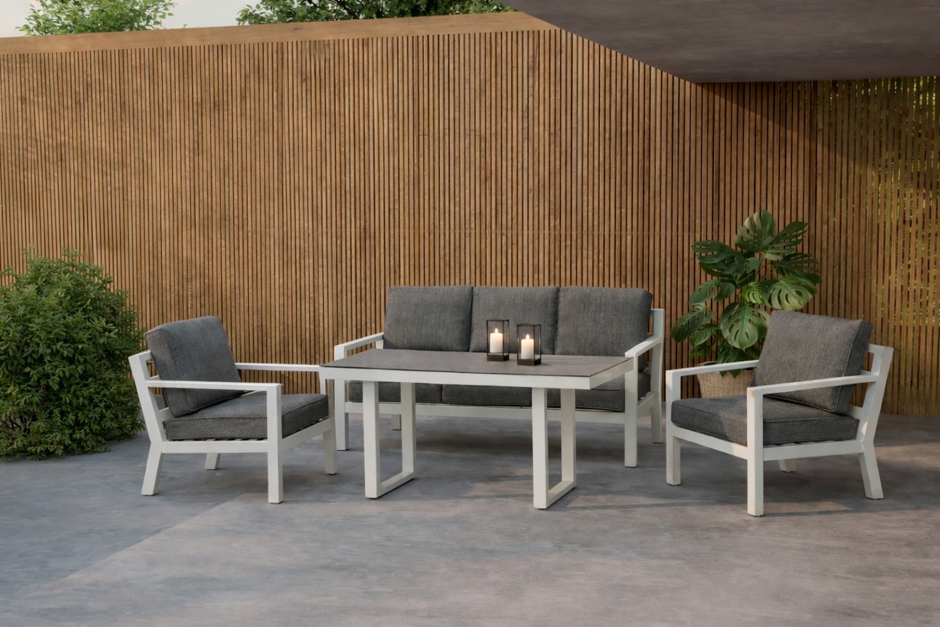 Tuin loungeset Jenni – in Wit & Grijs met glasplaat