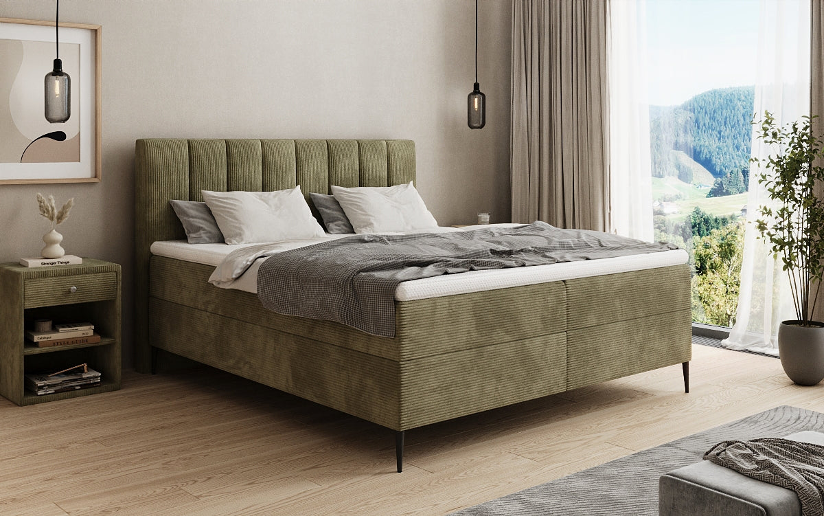 Boxspringbed Lucca in Ribstof met opbergruimte en poten