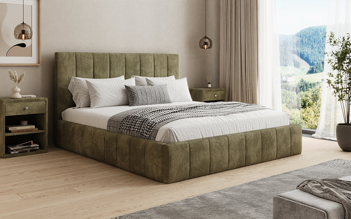 Designer gestoffeerd bed Maja in Ribstof met opbergruimte