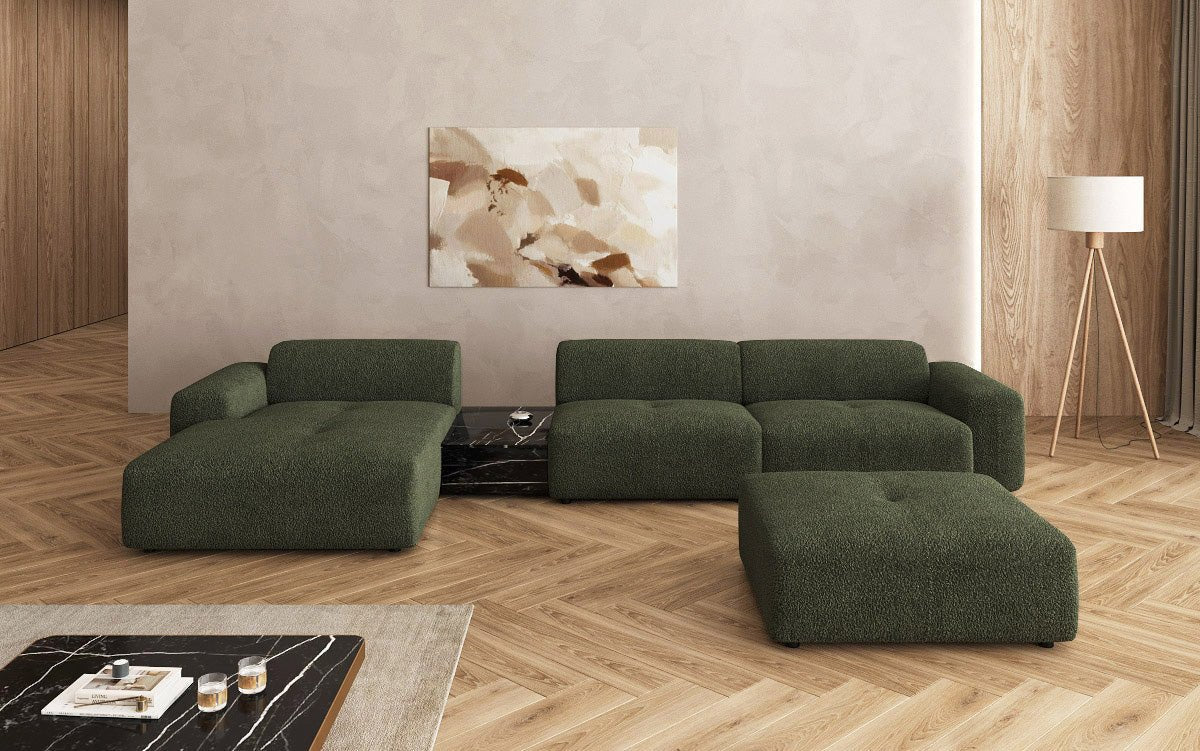 Designerbank Calm L met bijzetkruk en bijzettafel in Bouclé