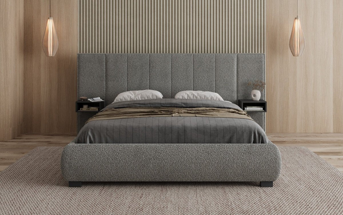 Designer gestoffeerd bed Elvara in Bouclé met opbergruimte