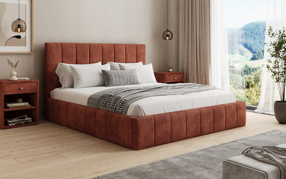 Designer gestoffeerd bed Maja in Ribstof met opbergruimte