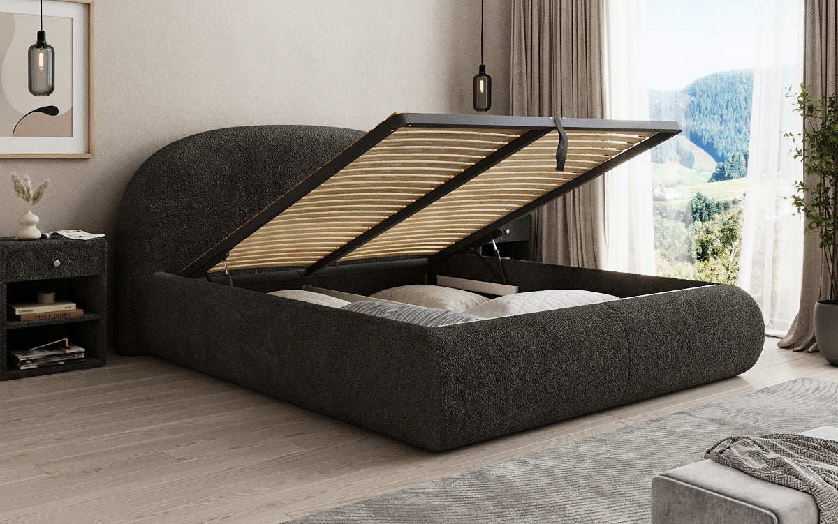 Designer gestoffeerd bed Loop in Teddystof Bouclé met opbergruimte