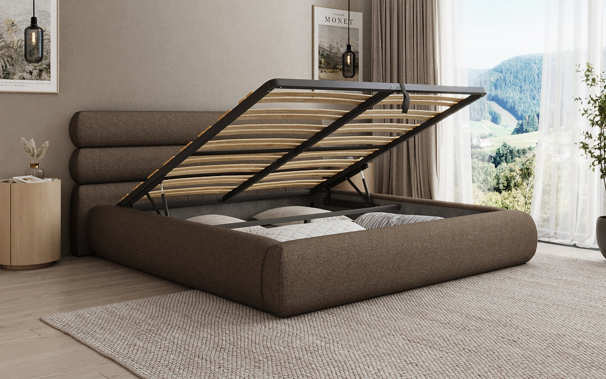 Designer gestoffeerd bed Joline in structuurstof met opbergruimte