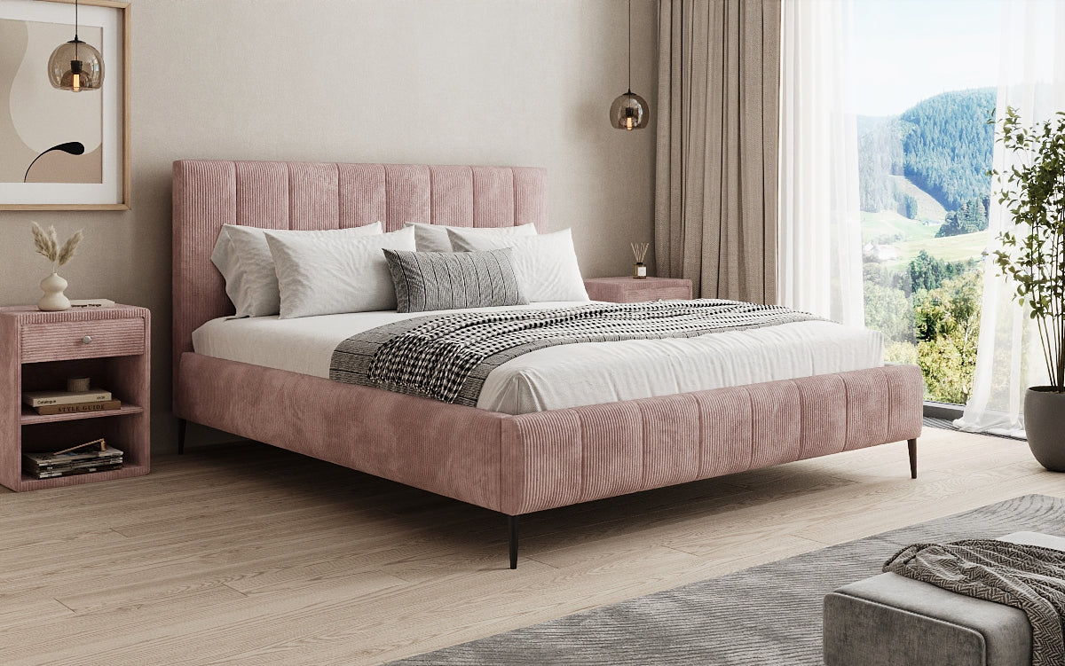 Designer gestoffeerd bed Astrid in Ribstof met opbergruimte