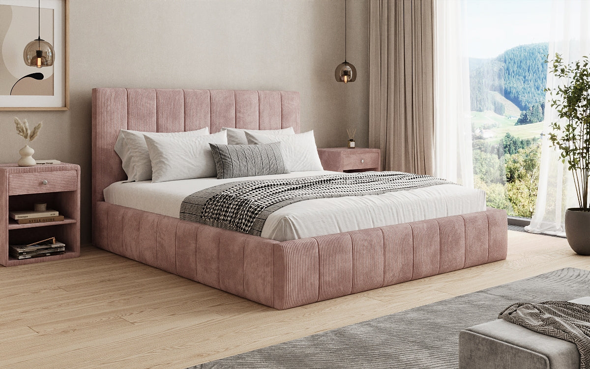 Designer gestoffeerd bed Maja in Ribstof met opbergruimte