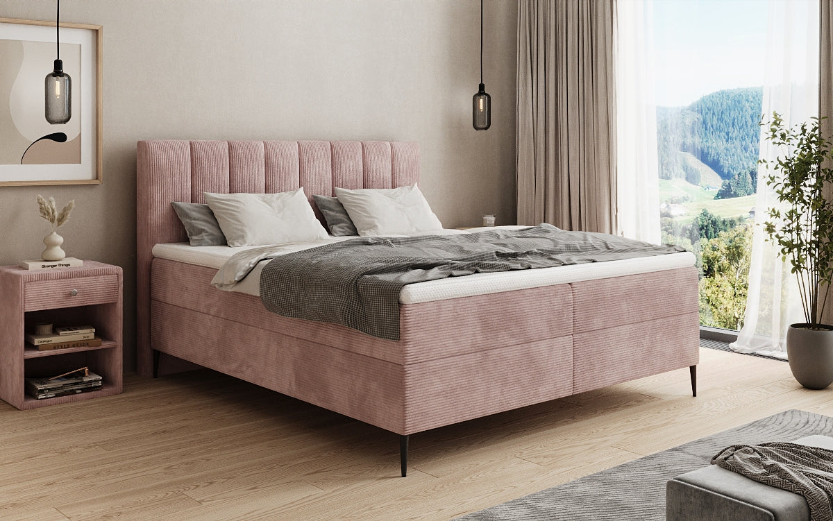 Boxspringbed Lucca in Ribstof met opbergruimte en poten