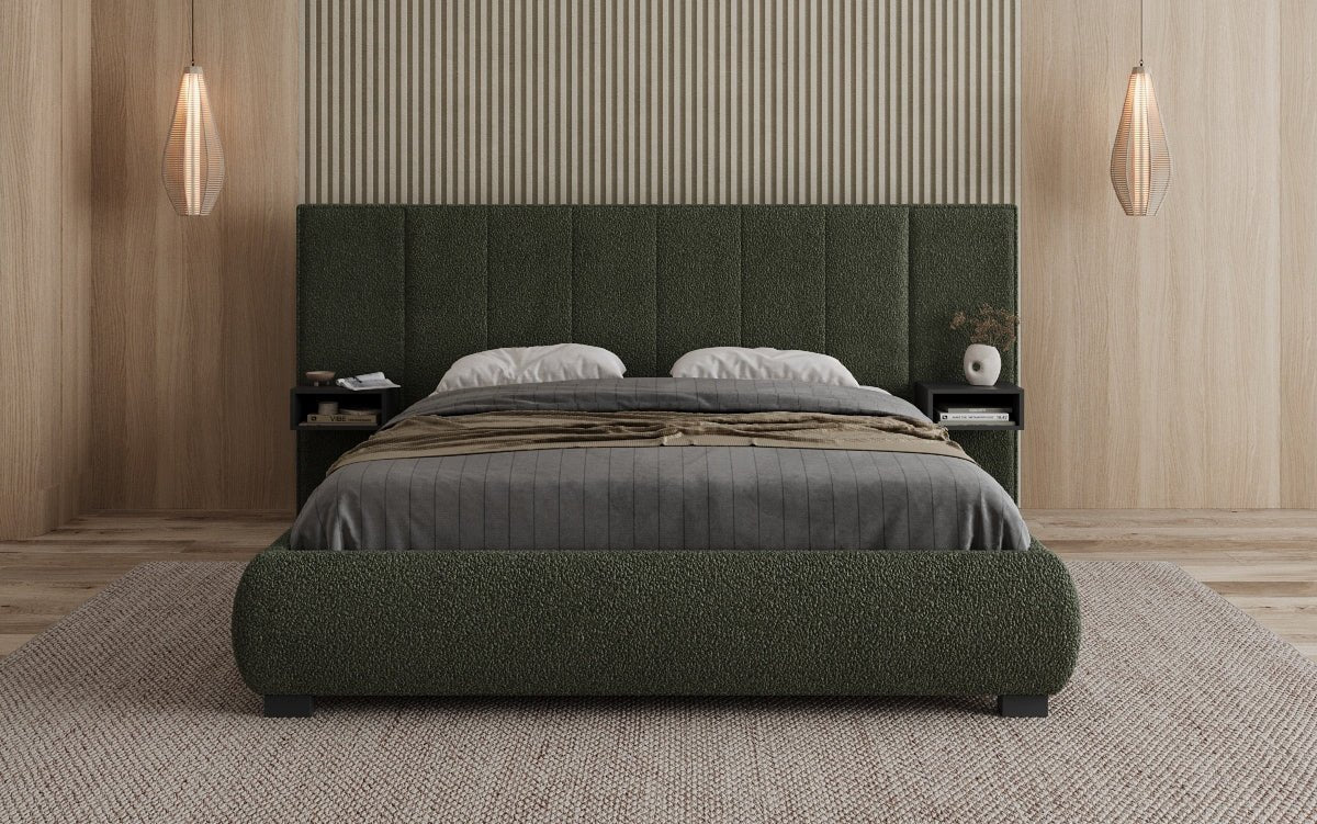 Designer gestoffeerd bed Elvara in Bouclé met opbergruimte
