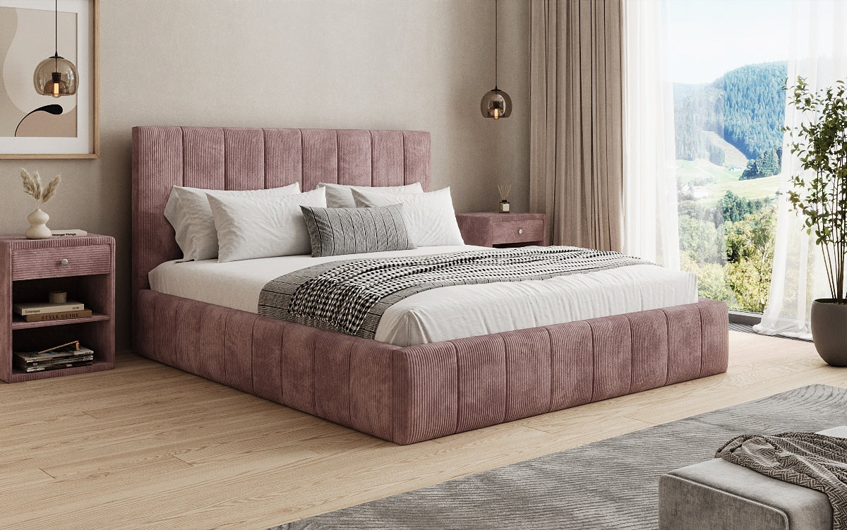 Designer gestoffeerd bed Maja in Ribstof met opbergruimte