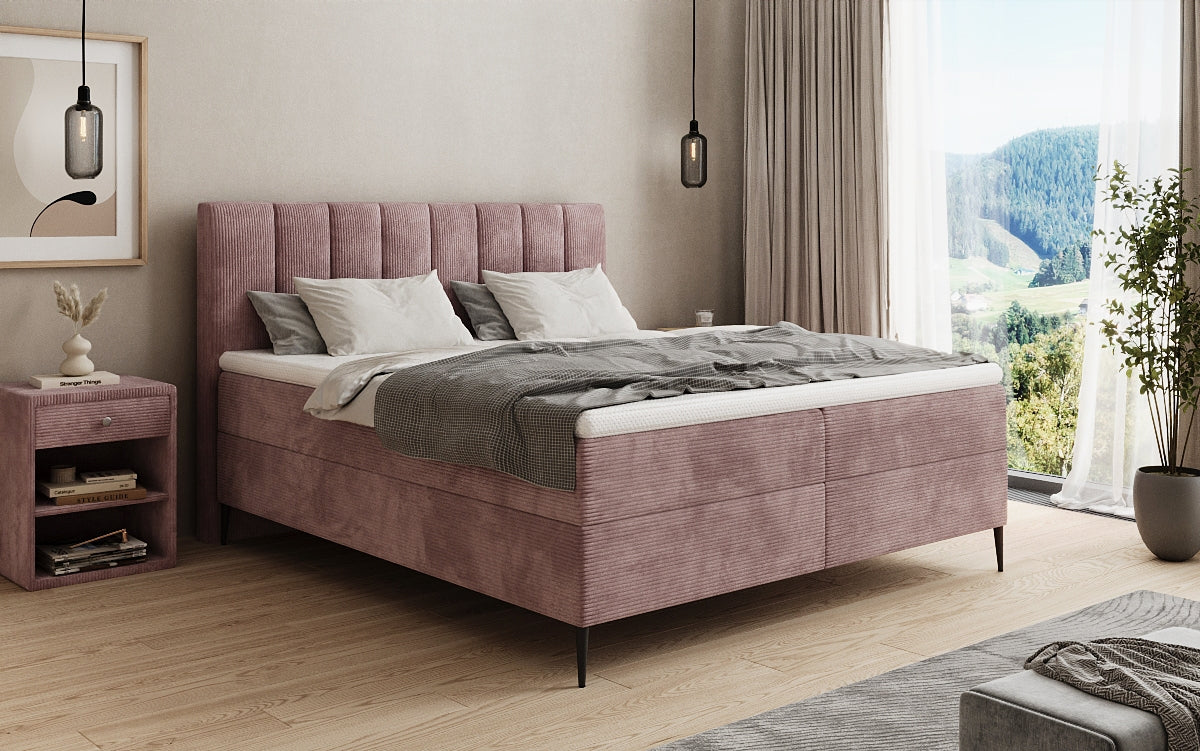 Boxspringbed Lucca in Ribstof met opbergruimte en poten