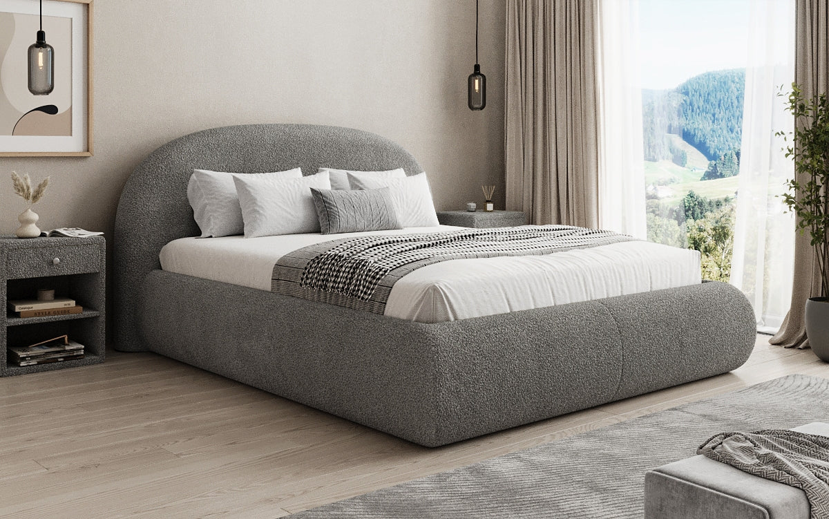 Designer gestoffeerd bed Loop in Teddystof Bouclé met opbergruimte