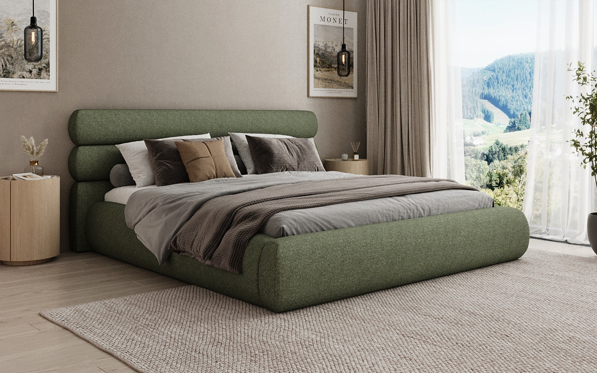 Designer gestoffeerd bed Joline in structuurstof met opbergruimte