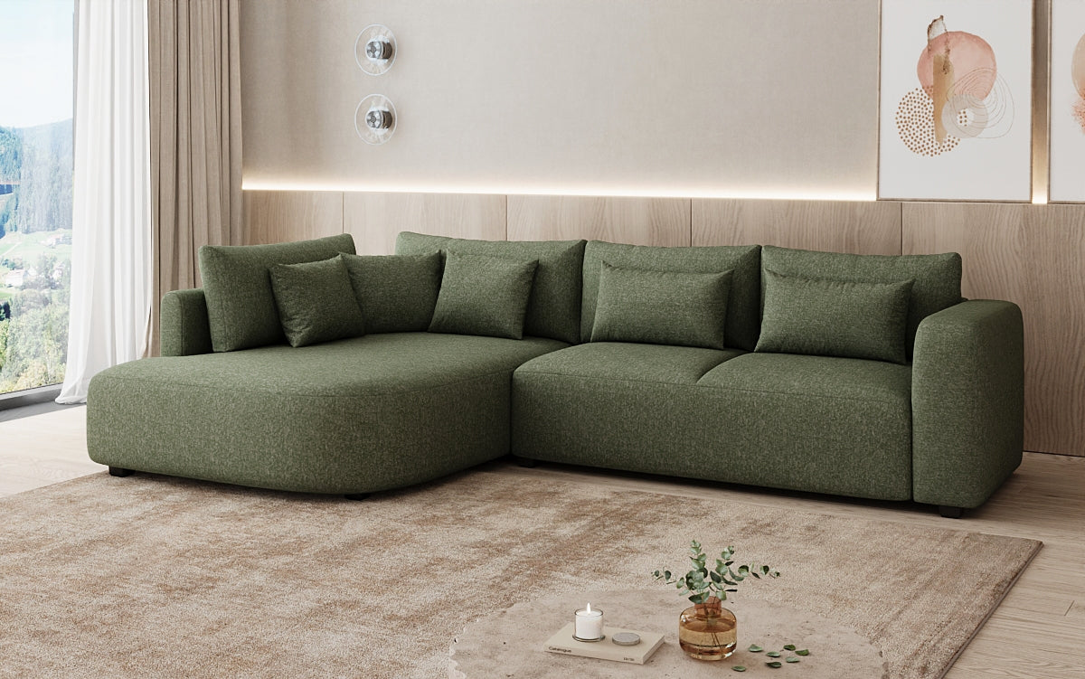 Designer hoekbank Ando met brede ottomane in structuurstof