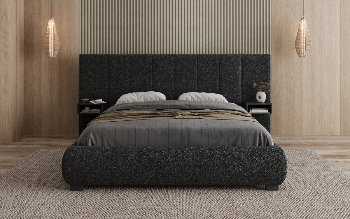 Designer gestoffeerd bed Elvara in Bouclé met opbergruimte