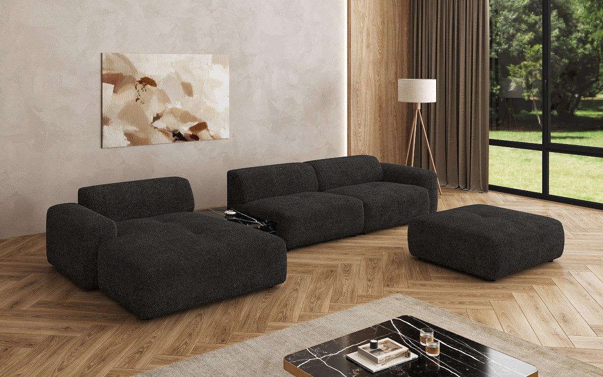 Designerbank Calm L met bijzetkruk en bijzettafel in Bouclé