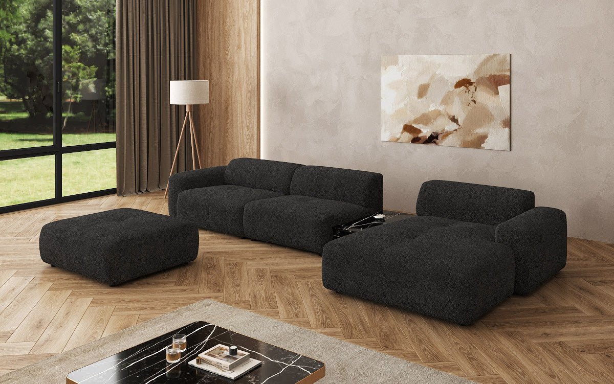 Designerbank Calm L met bijzetkruk en bijzettafel in Bouclé