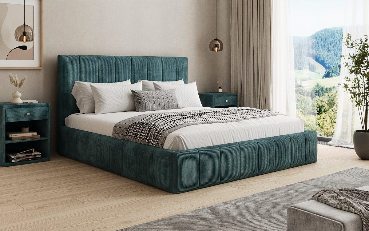 Designer gestoffeerd bed Maja in Ribstof met opbergruimte