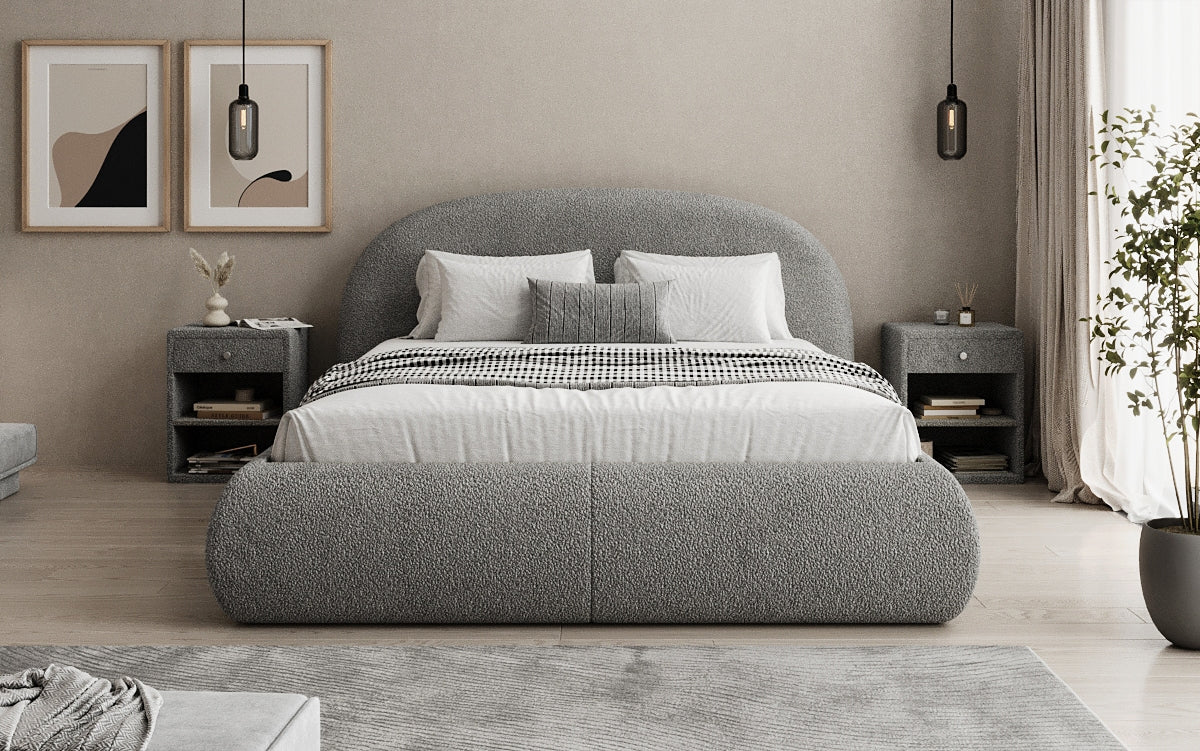Designer gestoffeerd bed Loop in Teddystof Bouclé met opbergruimte