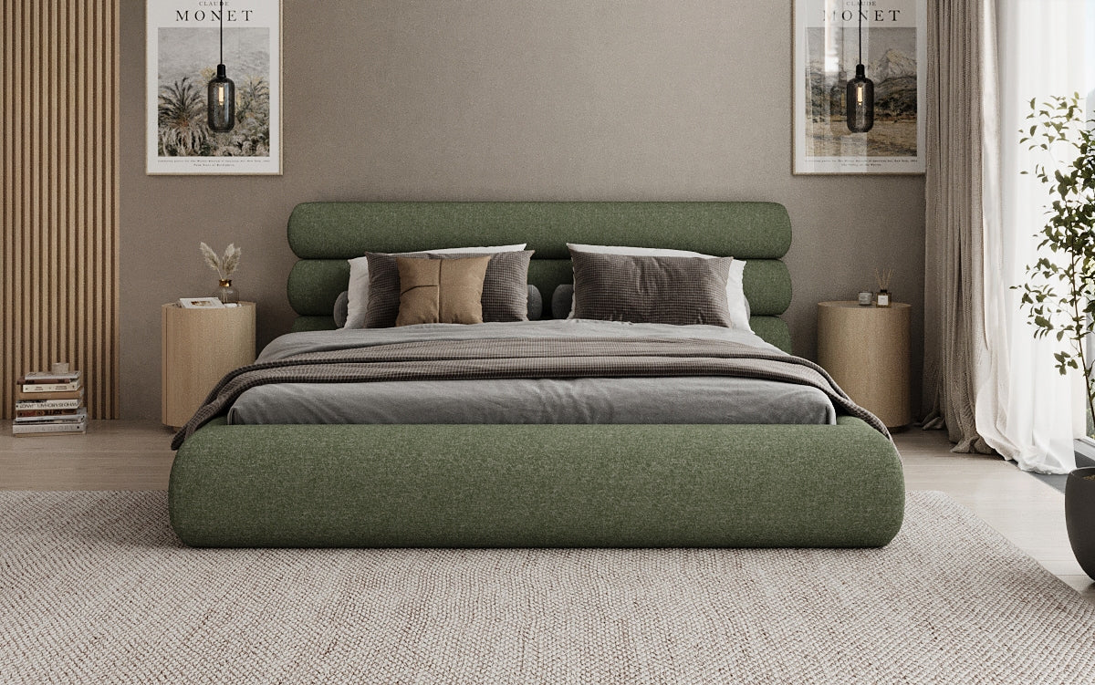 Designer gestoffeerd bed Joline in structuurstof met opbergruimte