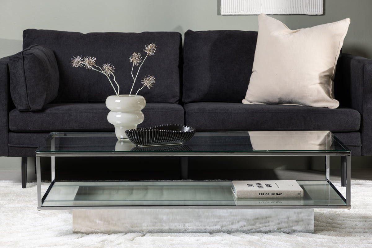 Salontafel Lanera - met glasoppervlakken en stalen corpus