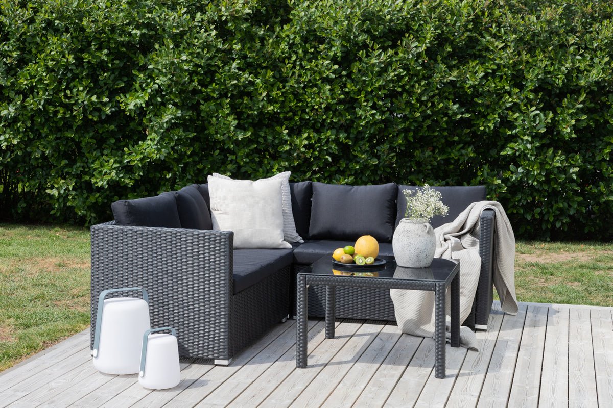 Tuin Loungeset Ravello – Hoekbankset van polyrattan in Zwart met glasplaat
