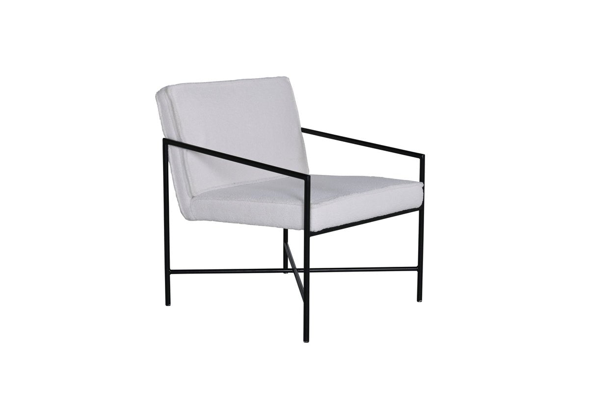 Designerfauteuil Lundra – gestoffeerde stoel in offwhite met zwart metalen frame