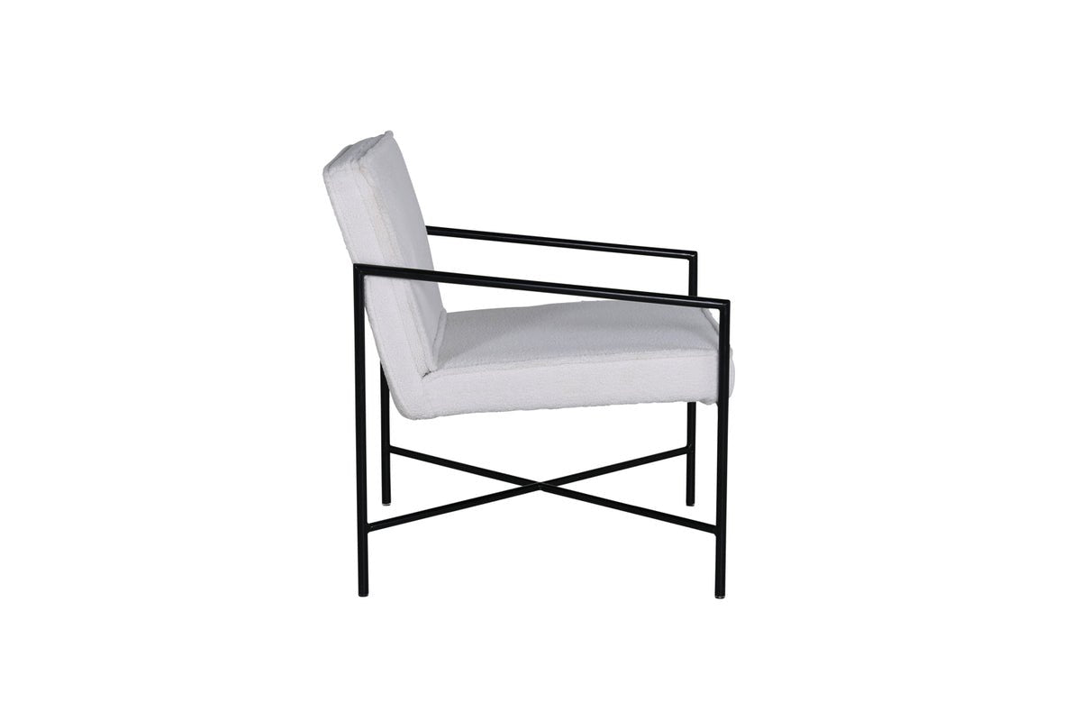 Designerfauteuil Lundra – gestoffeerde stoel in offwhite met zwart metalen frame