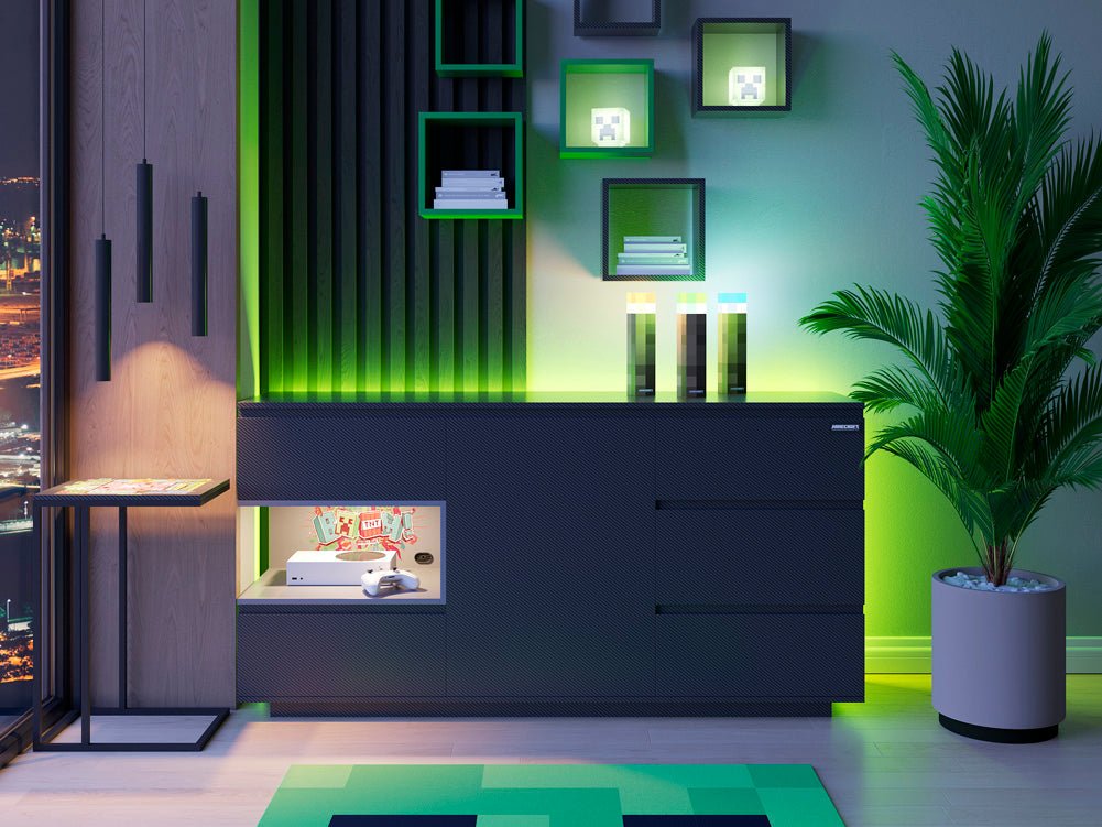 Minecraft ladekast „PixelVault“ – met LED, 5 laden & consolevak