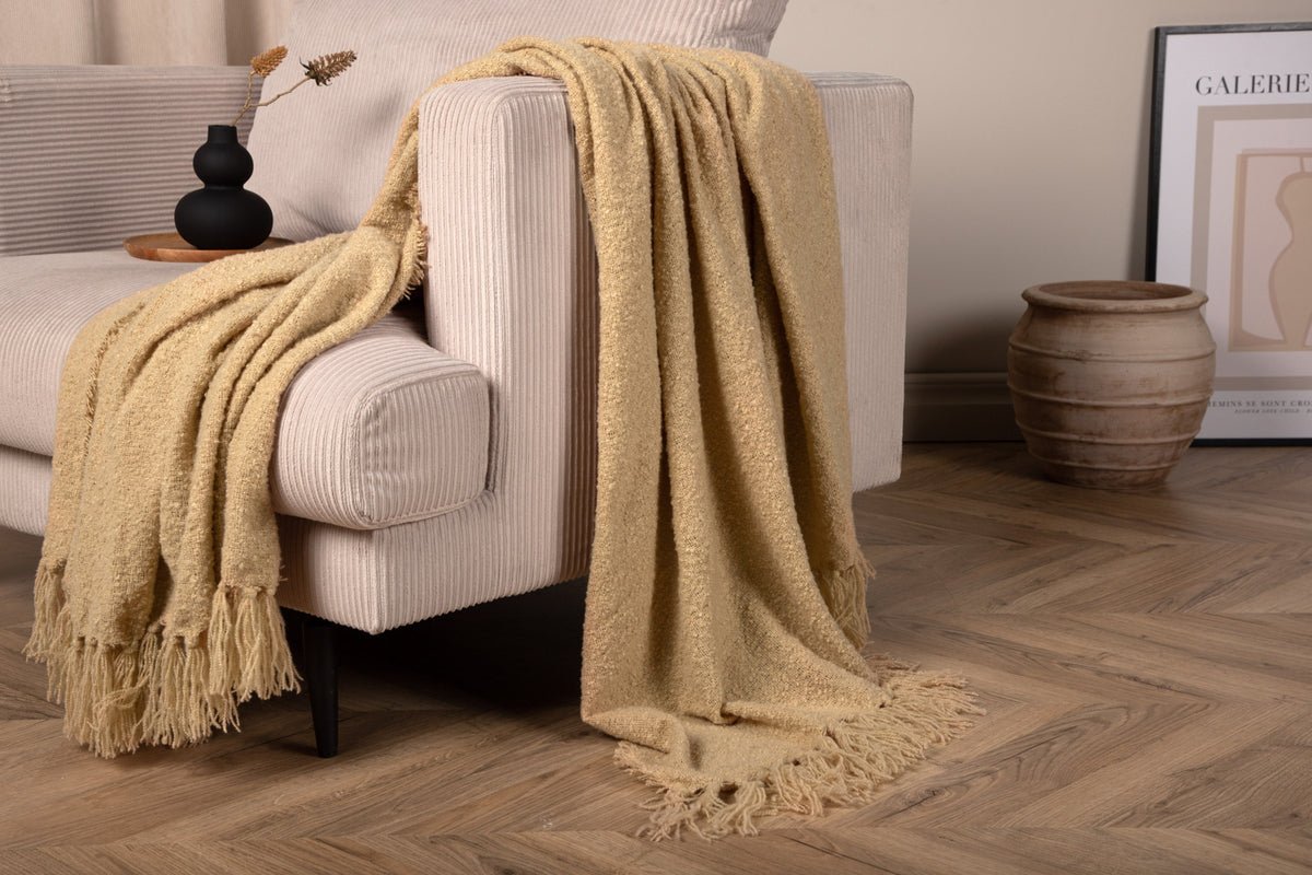 Tagesdecke „Stanley Zand“ – 170×130 cm met structuur & franjes