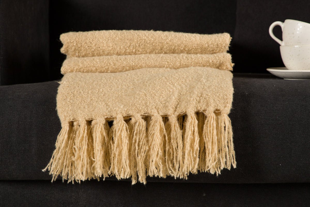 Tagesdecke „Stanley Zand“ – 170×130 cm met structuur & franjes