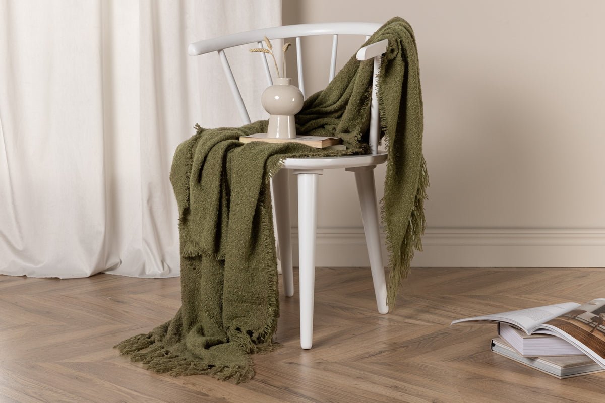 Tagesdecke Stanley Mosgroen – 170×130 cm met structuur & franjes