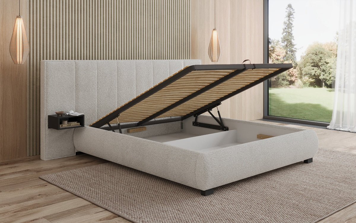 Designer gestoffeerd bed Elvara in Bouclé met opbergruimte