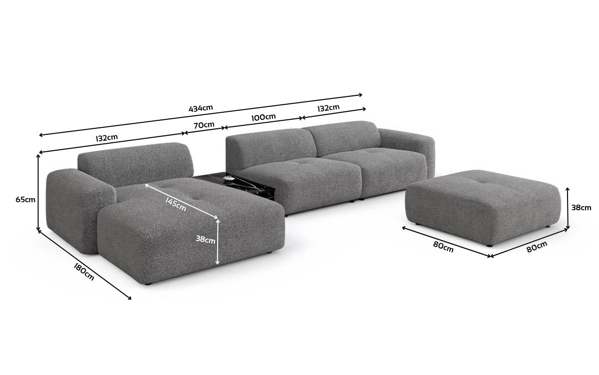 Designerbank Calm L met bijzetkruk en bijzettafel in Bouclé