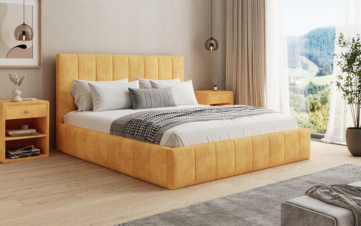 Designer gestoffeerd bed Maja in Ribstof met opbergruimte