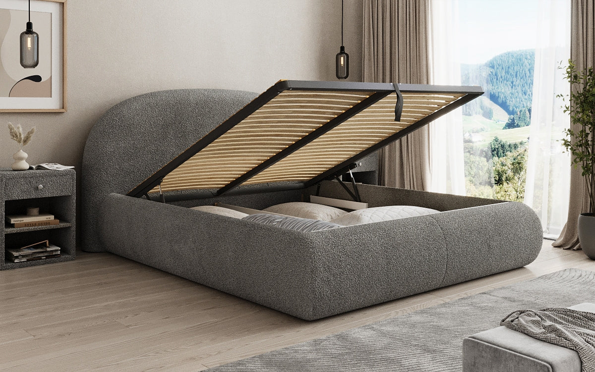 Designer gestoffeerd bed Loop in Teddystof Bouclé met opbergruimte