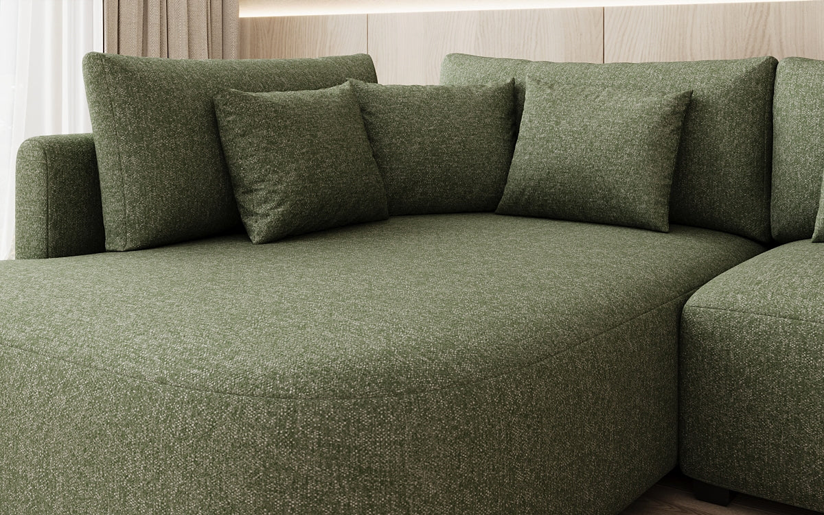 Designer hoekbank Ando met brede ottomane in structuurstof