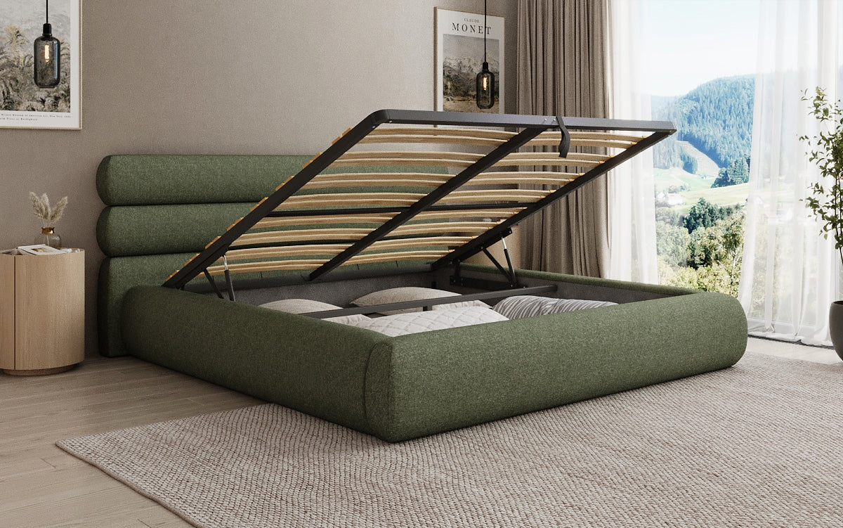 Designer gestoffeerd bed Joline in structuurstof met opbergruimte