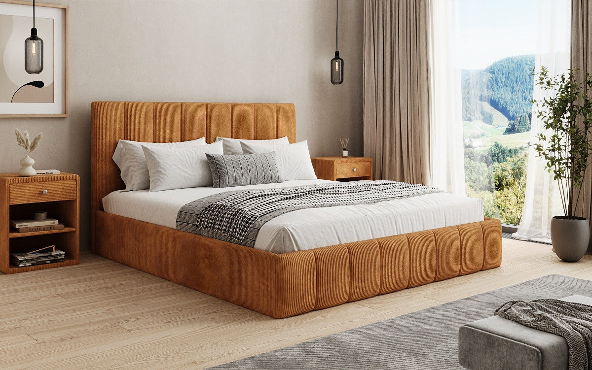 Designer gestoffeerd bed Mila in Ribstof met opbergruimte