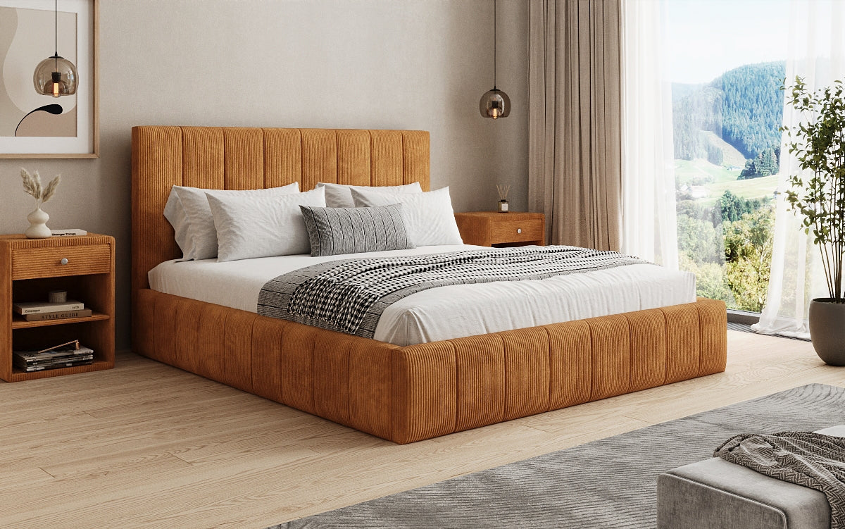 Designer gestoffeerd bed Maja in Ribstof met opbergruimte