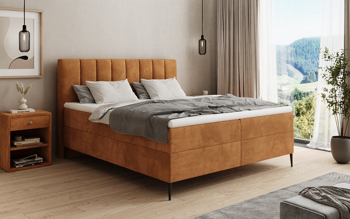 Boxspringbed Lucca in Ribstof met opbergruimte en poten