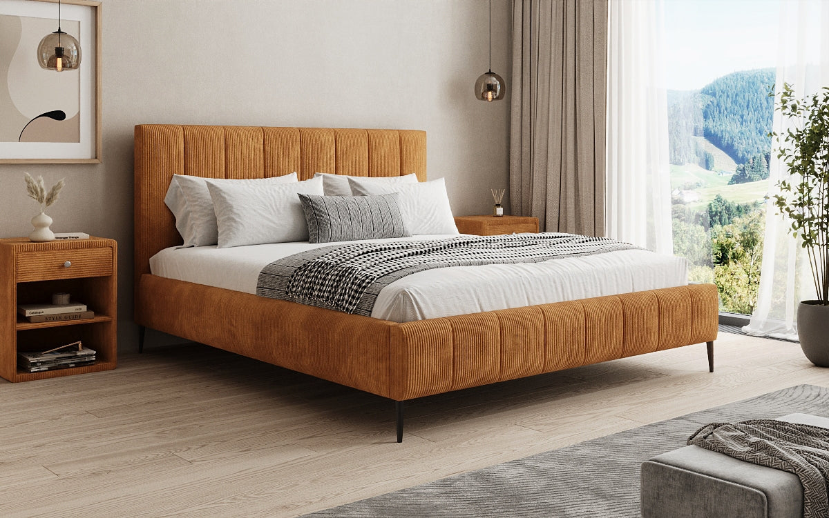 Designer gestoffeerd bed Astrid in Ribstof met opbergruimte