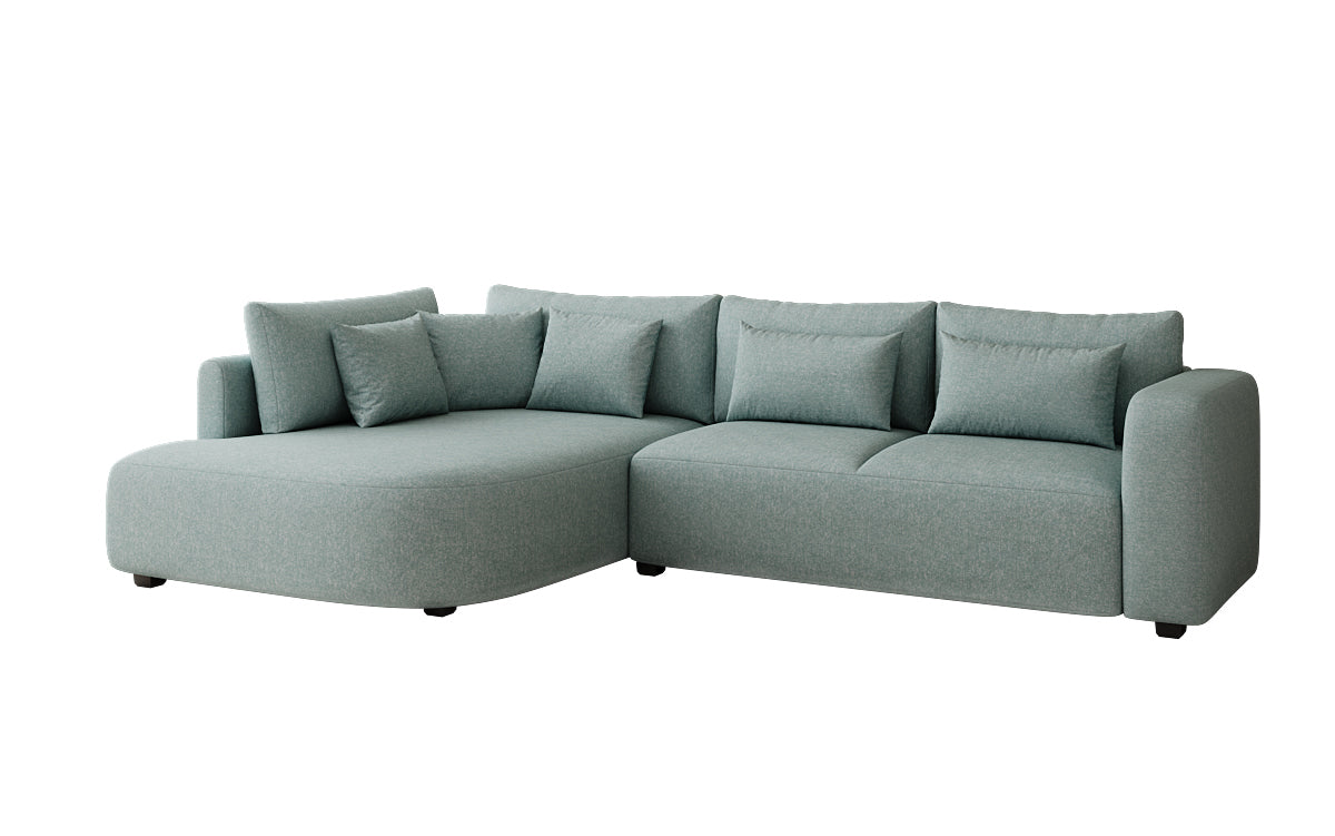 Designer hoekbank Ando met brede ottomane in structuurstof
