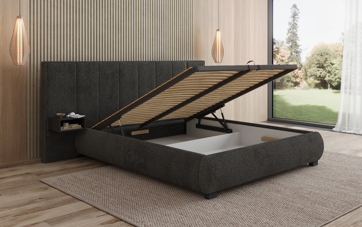 Designer gestoffeerd bed Elvara in Bouclé met opbergruimte