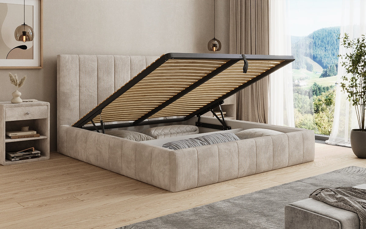 Designer gestoffeerd bed Maja in Ribstof met opbergruimte