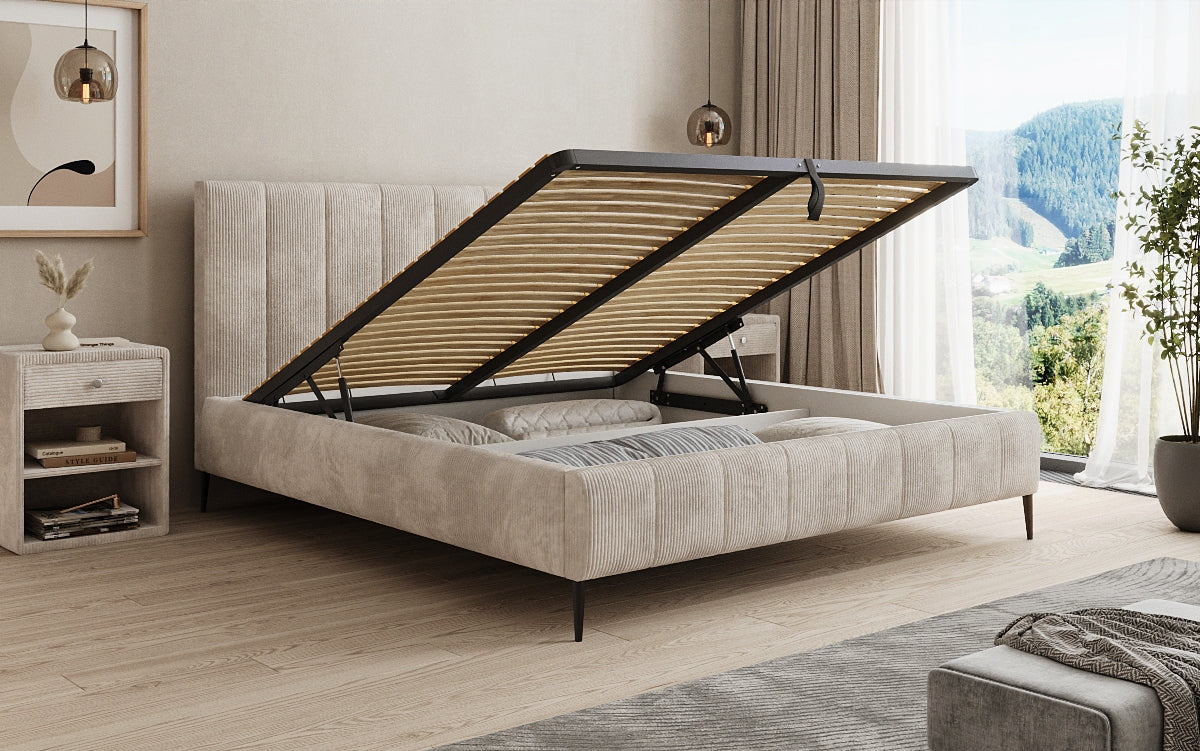 Designer gestoffeerd bed Astrid in Ribstof met opbergruimte