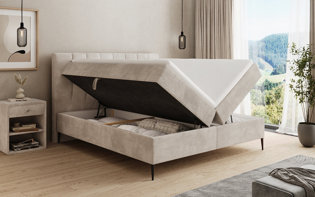 Boxspringbed Lucca in Ribstof met opbergruimte en poten