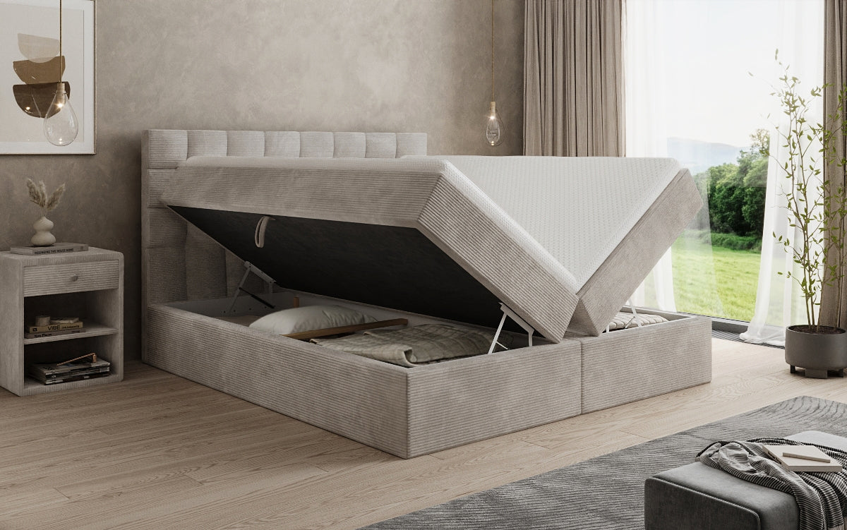 Boxspringbed Como in Ribstof met opbergruimte